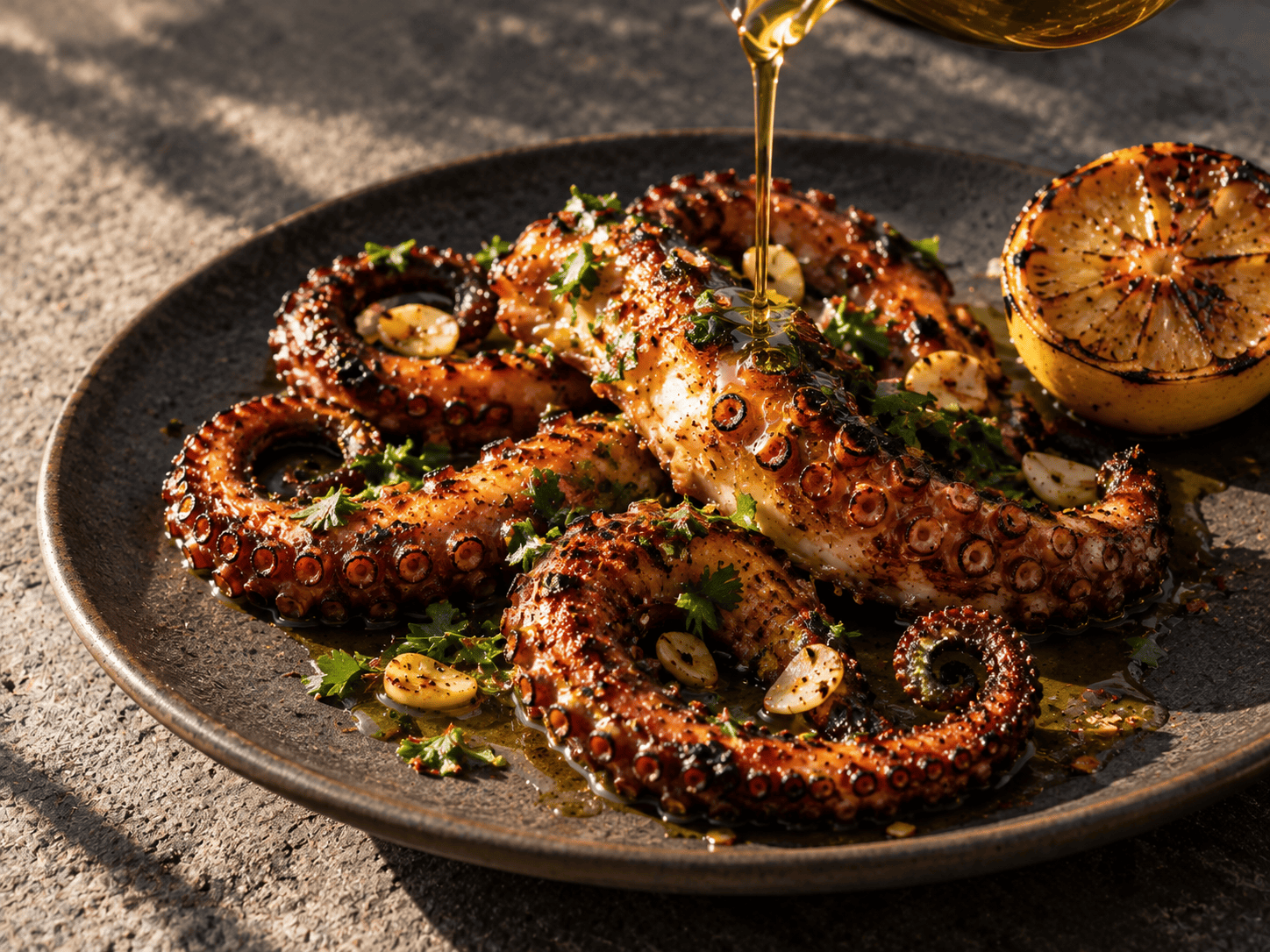 Poulpe grillé, citron et persil